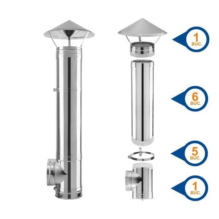 Cos de fum din inox izolat, cu teu 90 grade, D 180/250 mm